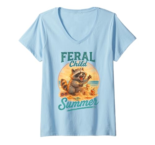 Damen Feral Child Sommer Waschbär Strand Chaos Meme T-Shirt mit V-Ausschnitt Damen Feral Child Sommer Waschbär Strand Chaos Meme T-Shirt mit V-Ausschnitt von Feral Child Summer by NLTS