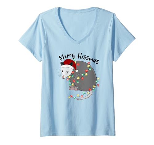 Damen Merry Hissmas Opossum Weihnachtsbeleuchtung Feral Xmas T-Shirt mit V-Ausschnitt Damen Merry Hissmas Opossum Weihnachtsbeleuchtung Feral Xmas T-Shirt mit V-Ausschnitt von Feral Christmas Possum Opossum Tangled Xmas Lights