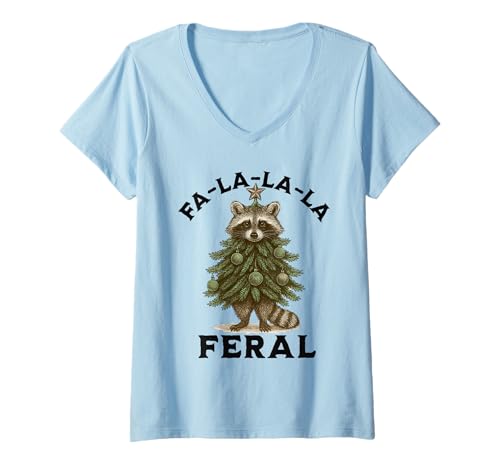 Damen FA-la-la Feral Waschbär-Weihnachtsbaum, niedliches Weihnachtsdesign T-Shirt mit V-Ausschnitt von Feral Fa-La-La Raccoon Holiday Fun Wear