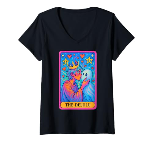 Damen The Delulu Tarotkarte Lustiger Ghostcore T-Shirt mit V-Ausschnitt Damen The Delulu Tarotkarte Lustiger Ghostcore T-Shirt mit V-Ausschnitt von Feral Fantasies Collective