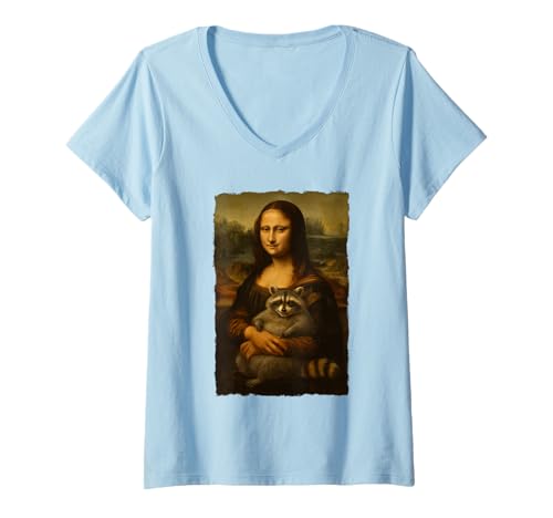 Damen Mona Lisa hält Flauschigen Waschbär Feral Lustiges Humor Meme T-Shirt mit V-Ausschnitt Damen Mona Lisa hält Flauschigen Waschbär Feral Lustiges Humor Meme T-Shirt mit V-Ausschnitt von Feral Fashionista