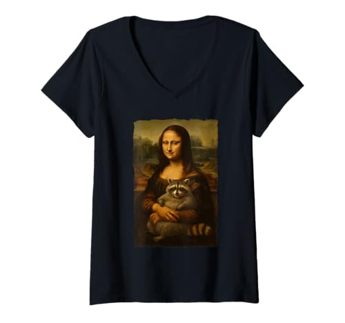 Damen Mona Lisa hält Flauschigen Waschbär Feral Lustiges Humor Meme T-Shirt mit V-Ausschnitt Damen Mona Lisa hält Flauschigen Waschbär Feral Lustiges Humor Meme T-Shirt mit V-Ausschnitt von Feral Fashionista