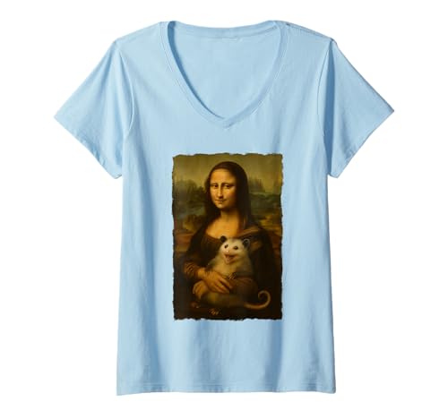 Damen Mona Lisa hält Flauschiges Opossum Feral Lustiges Humor Meme T-Shirt mit V-Ausschnitt Damen Mona Lisa hält Flauschiges Opossum Feral Lustiges Humor Meme T-Shirt mit V-Ausschnitt von Feral Fashionista