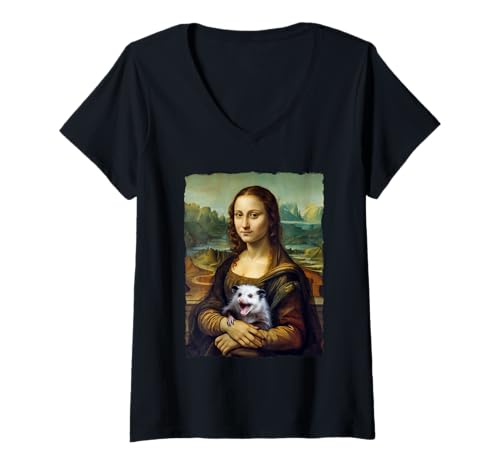 Damen Mona Lisa hält Opossum Feral Lustiges Humor Tier Meme T-Shirt mit V-Ausschnitt Damen Mona Lisa hält Opossum Feral Lustiges Humor Tier Meme T-Shirt mit V-Ausschnitt von Feral Fashionista