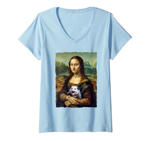 Damen Mona Lisa hält Opossum Feral Lustiges Humor Tier Meme T-Shirt mit V-Ausschnitt Damen Mona Lisa hält Opossum Feral Lustiges Humor Tier Meme T-Shirt mit V-Ausschnitt von Feral Fashionista