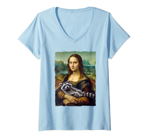 Damen Mona Lisa hält Waschbär Feral Lustiger Humor Tier Meme T-Shirt mit V-Ausschnitt Damen Mona Lisa hält Waschbär Feral Lustiger Humor Tier Meme T-Shirt mit V-Ausschnitt von Feral Fashionista