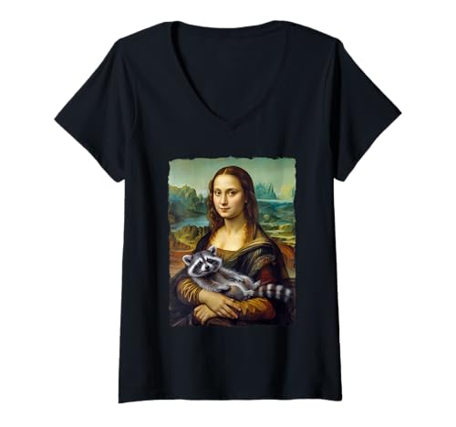 Damen Mona Lisa hält Waschbär Feral Lustiger Humor Tier Meme T-Shirt mit V-Ausschnitt Damen Mona Lisa hält Waschbär Feral Lustiger Humor Tier Meme T-Shirt mit V-Ausschnitt von Feral Fashionista