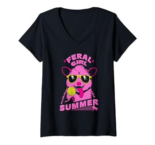 Damen Feral Girl Sommer Opossum Vintage T-Shirt mit V-Ausschnitt von Feral Girl Summer Opossum