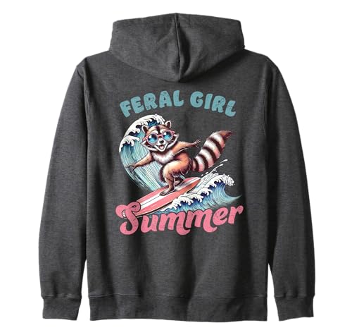 Feral Girl Sommer Waschbär Surfen Retro Cartoon Lustig Strand Kapuzenjacke von Feral Girl Summer Raccoon Funny Beach Vibes Shirts