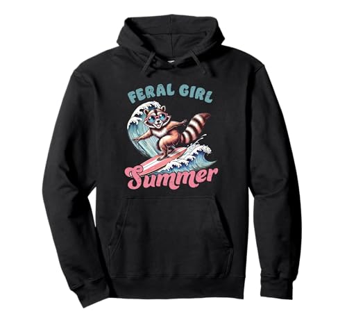 Feral Girl Sommer Waschbär Surfen Retro Cartoon Lustig Strand Pullover Hoodie von Feral Girl Summer Raccoon Funny Beach Vibes Shirts