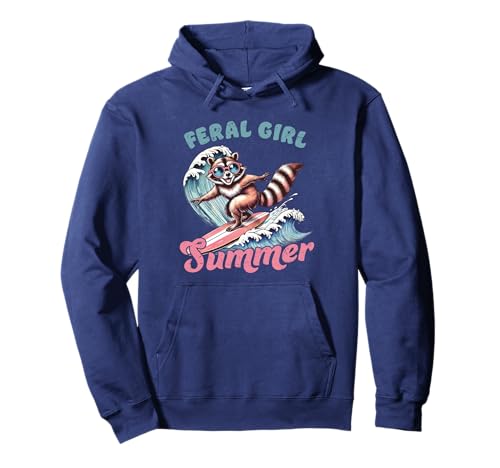 Feral Girl Sommer Waschbär Surfen Retro Cartoon Lustig Strand Pullover Hoodie von Feral Girl Summer Raccoon Funny Beach Vibes Shirts