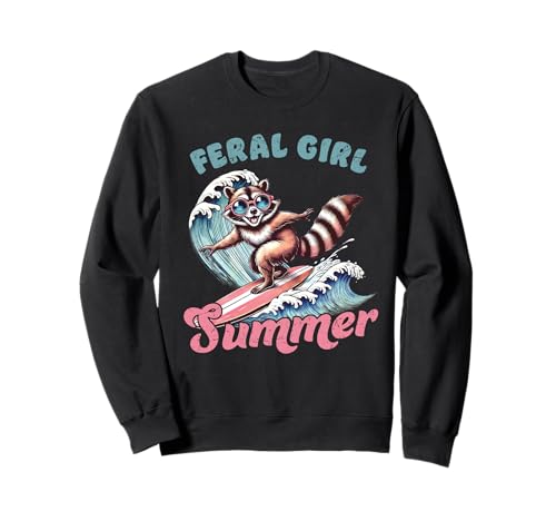 Feral Girl Sommer Waschbär Surfen Retro Cartoon Lustig Strand Sweatshirt von Feral Girl Summer Raccoon Funny Beach Vibes Shirts