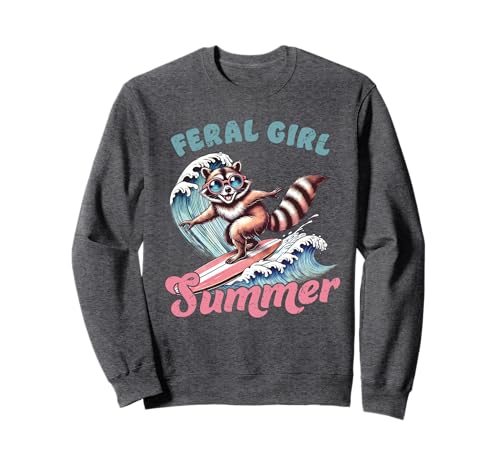 Feral Girl Sommer Waschbär Surfen Retro Cartoon Lustig Strand Sweatshirt von Feral Girl Summer Raccoon Funny Beach Vibes Shirts