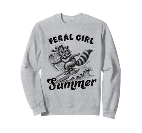 Feral Girl Sommer Waschbär Surfen Retro Cartoon Lustig Strand Sweatshirt von Feral Girl Summer Raccoon Funny Beach Vibes Shirts