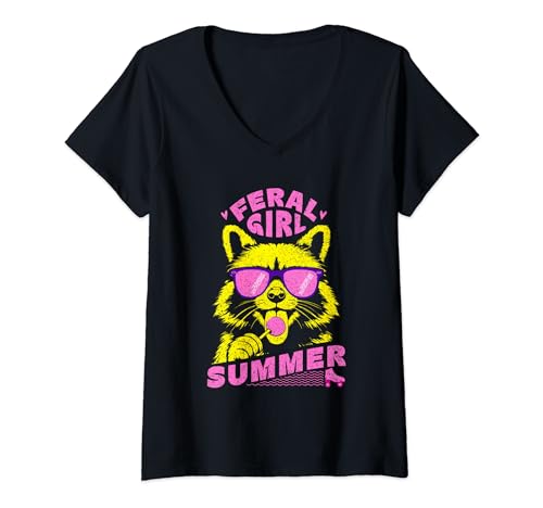Damen Feral Girl Sommer Waschbär Vintage T-Shirt mit V-Ausschnitt von Feral Girl Summer Raccoon