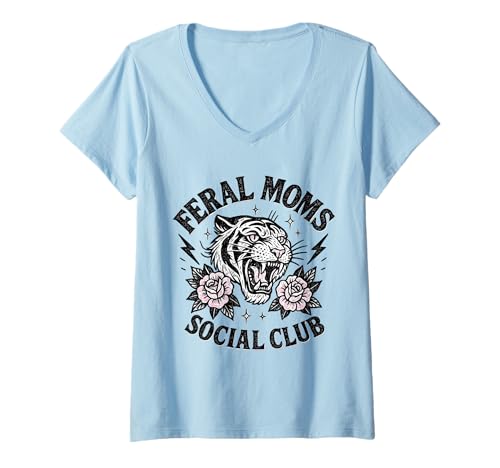 Damen Feral Moms Social Club Wild Tiger Grafik T-Shirt mit V-Ausschnitt Damen Feral Moms Social Club Wild Tiger Grafik T-Shirt mit V-Ausschnitt von Feral Moms Social Club Wild Mom Apparel
