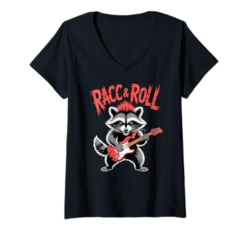 Damen Raccoon Rock 'n Roll Trash Panda Retro Gitarre T-Shirt mit V-Ausschnitt Damen Raccoon Rock 'n Roll Trash Panda Retro Gitarre T-Shirt mit V-Ausschnitt von Feral Music Humor Vibes Animal Chaos Shirts Men