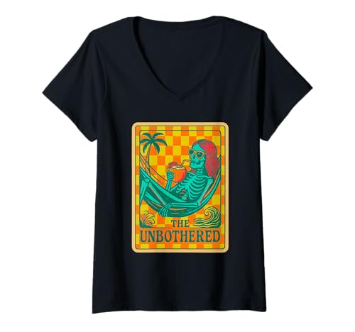 Damen The Unbothered Retro Skelett Tropical Checkered Design T-Shirt mit V-Ausschnitt von Feral Retro Humor Co.