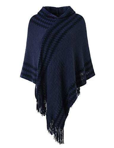 Ferand Gestreifter Damen Poncho Cape mit Zickzackmuster und Kapuze, marineblau, One size von Ferand