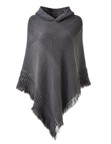 Ferand Damen Kapuzen Poncho mit Häkelborde, Cape für Frauen aus Strickmaterial mit Zierfransen, Grau von Ferand