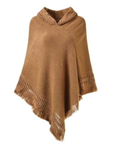 Ferand Damen Kapuzen Poncho mit Häkelborde, Cape für Frauen aus Strickmaterial mit Zierfransen, Karamel von Ferand