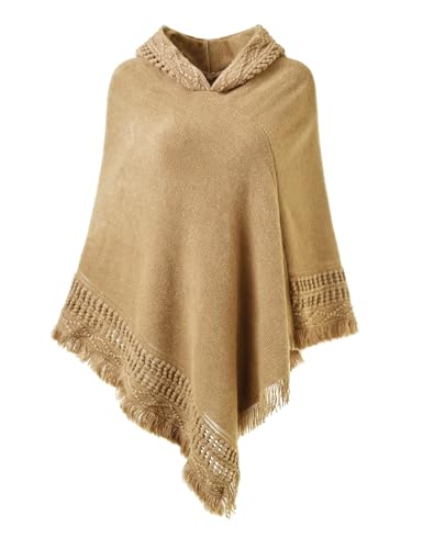 Ferand Damen Kapuzen Poncho mit Häkelborde, Cape für Frauen aus Strickmaterial mit Zierfransen, Khaki von Ferand