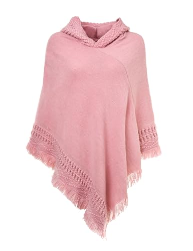 Ferand Damen Kapuzen Poncho mit Häkelborde, Cape für Frauen aus Strickmaterial mit Zierfransen, Rosa von Ferand