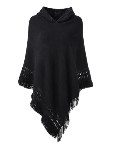 Ferand Damen Kapuzen Poncho mit Häkelborde, Cape für Frauen aus Strickmaterial mit Zierfransen, Schwarz von Ferand