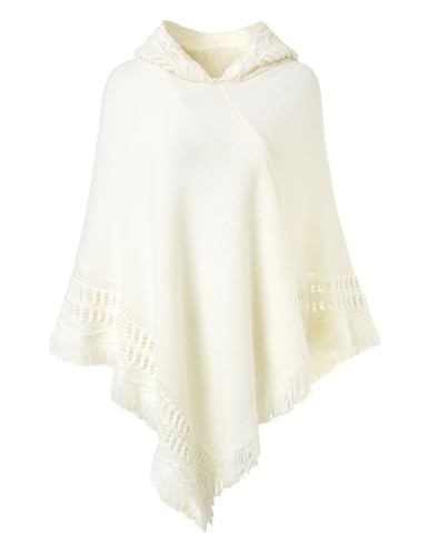 Ferand Damen Kapuzen Poncho mit Häkelborde, Cape für Frauen aus Strickmaterial mit Zierfransen, Weiß von Ferand