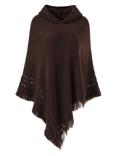 Ferand Damen Kapuzen Poncho mit Häkelborde, Cape für Frauen aus Strickmaterial mit Zierfransen, braun von Ferand