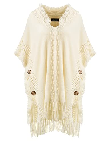 Ferand Lässiger Poncho Kapuzenumhang mit dekorativen Knöpfen für Damen,One Size, Beige von Ferand