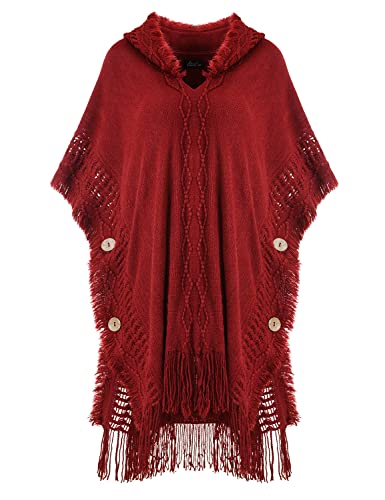 Ferand Lässiger Poncho Kapuzenumhang mit dekorativen Knöpfen für Damen,One Size, Burgund von Ferand