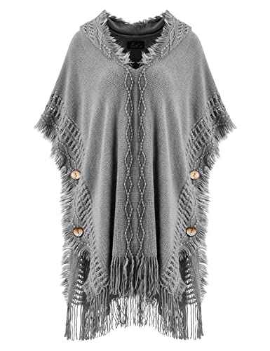 Ferand Lässiger Poncho Kapuzenumhang mit dekorativen Knöpfen für Damen,One Size, Grau von Ferand