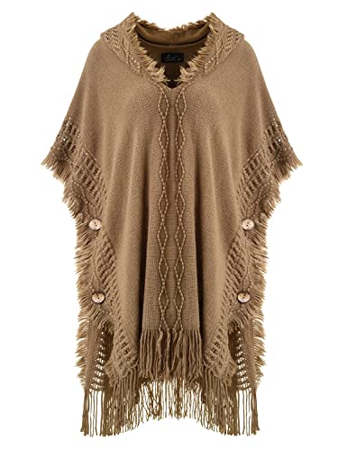 Ferand Lässiger Poncho Kapuzenumhang mit dekorativen Knöpfen für Damen,One Size, Khaki von Ferand