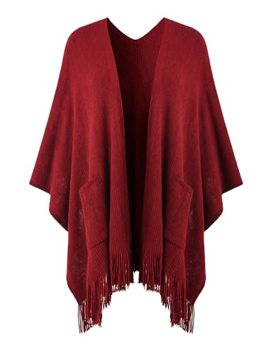 Ferand Damen Poncho mit Offener Vorderseite und Taschen, Weiche Strick Cape mit Fransen für Herbst Winter,Rotwein von Ferand