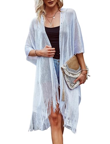 Ferand Damen Sommer Pareo und Strandkleid mit Perlendekor und Fransen, Kimono für den Strand, sommerliche Kimono Damenmode, One Size, Silber von Ferand