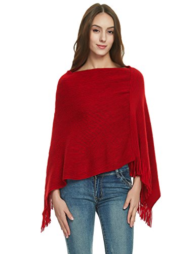 Ferand Damen Weiche Knit Poncho Pullover, Elegante Fringe Kap-Schal in Multi-Way Ansatz Art Einheitsgröße rot von Ferand