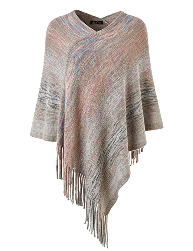 Ferand Damen Mehrfarbiger Poncho-Pullover vielseitiger Wickelschal mit Fransen, One Size, Grau von Ferand