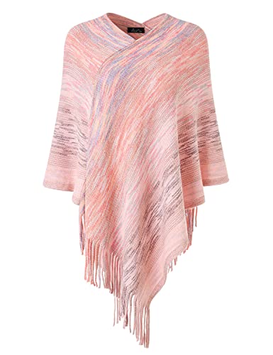 Ferand Damen Mehrfarbiger Poncho-Pullover vielseitiger Wickelschal mit Fransen, One Size, Rosa von Ferand