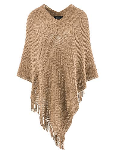 Ferand Eleganter Bequemer Damen Poncho Pullover mit Chevronstreifen und Fransen, One Size, Khaki von Ferand