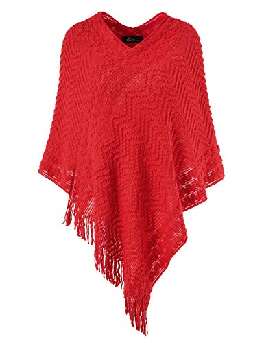 Ferand Eleganter Bequemer Damen Poncho Pullover mit Chevronstreifen und Fransen, One Size, Rot von Ferand