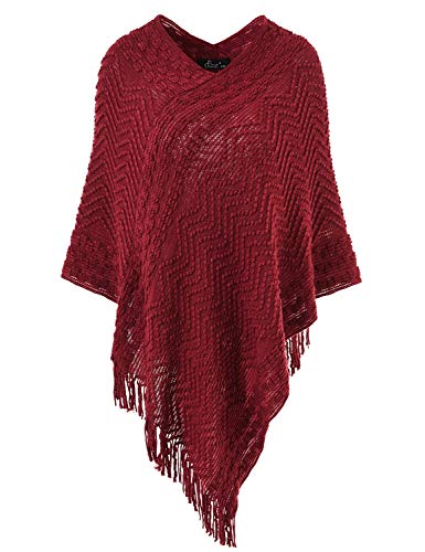 Ferand Eleganter Bequemer Damen Poncho Pullover mit Chevronstreifen und Fransen, One Size, Weinrot von Ferand