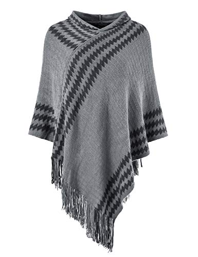 Ferand Gestreifter Damen Poncho Cape mit Zickzackmuster und Kapuze, Bequemer Pullover mit Fransen, One Size, Grau von Ferand