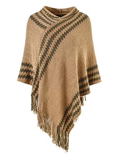 Ferand Gestreifter Damen Poncho Cape mit Zickzackmuster und Kapuze, Bequemer Pullover mit Fransen, One Size, Khaki von Ferand