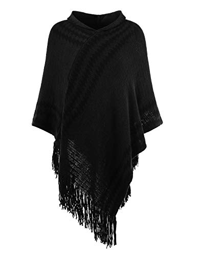 Ferand Gestreifter Damen Poncho Cape mit Zickzackmuster und Kapuze, Bequemer Pullover mit Fransen, One Size, Schwarz von Ferand