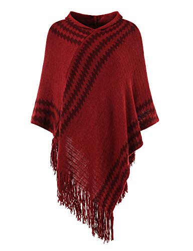 Ferand Gestreifter Damen Poncho Cape mit Zickzackmuster und Kapuze, Bequemer Pullover mit Fransen, One Size, Weinrot von Ferand