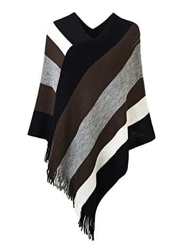 Ferand Damen Gestreifter Poncho Pullover Vielseitiger Schal zum Wickeln mit Fransen für Herbst und Winter - One Size - Braun & Grau von Ferand