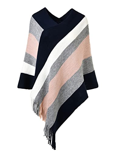 Ferand Damen Gestreifter Poncho Pullover Vielseitiger Schal zum Wickeln mit Fransen für Herbst und Winter - One Size - Marineblau & Rosa von Ferand