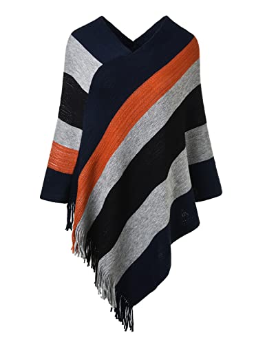 Ferand Damen Gestreifter Poncho Pullover Vielseitiger Schal zum Wickeln mit Fransen für Herbst und Winter - One Size - Marineblau & Schwarz von Ferand