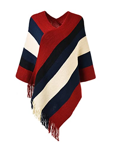 Ferand Damen Gestreifter Poncho Pullover Vielseitiger Schal zum Wickeln mit Fransen für Herbst und Winter - One Size - Rot & Schwarz von Ferand